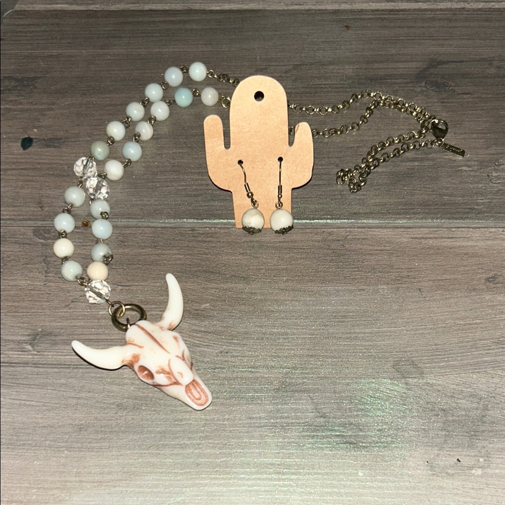 Boho Bull Skull Pendant Necklace with Beaded Chain